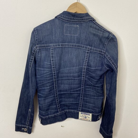 TRUE RELIGION Denim Trucker Jacket Blue Denim Jean Snap Button Small Woman Logo - Picture 2 of 8